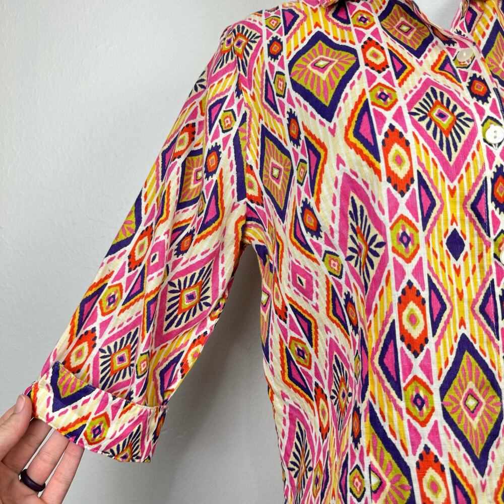 Chico's | Sz 0 Ikat 100% Linen Button-Back No Iron Colorful Button Up Shirt - Picture 9 of 14